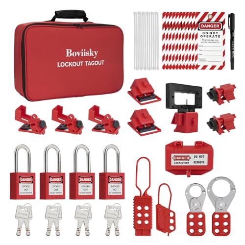 SMB-189 - High Voltage Safety - Lockout / Tagout & De-Energizing & Energizing Procedure - New Flyer Xcelsior 5 BOVIISKY Lockout Tagout Kit Electrical - Loto Hasps, Clamp on and Universal Multipole Circuit Breaker Lockouts,4 Loto Safety Padlocks, Tags, Nylon Ties with Pocket Bag, Keyed Different, 7131R