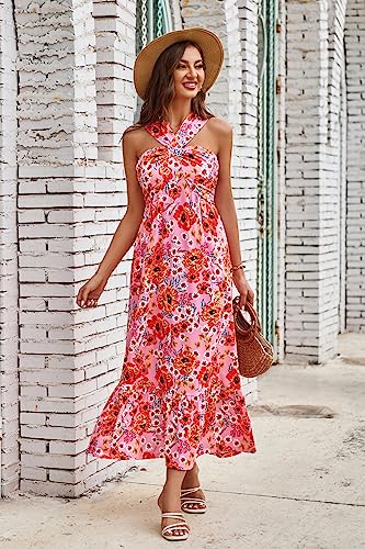 Image of GRACE KARIN Womens Summer Floral Dresses 2026 Boho Maxi Dress Flowy Halter Sundress Casual Vacation Beach Clothes with Pocket