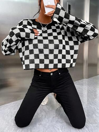 SOLY HUX Women's Checkered Sweater Long Sleeve Ribbed Knit Drop Shoulder Pullover Crop Tops4