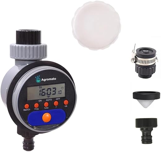 Agromato Digital Ball Valve Water Timer Automatic Drip Irrigation Controller for Home & Garden, LCD Display, Universal Tap Adapter, Low Battery Indicator, No Water Pressure Required