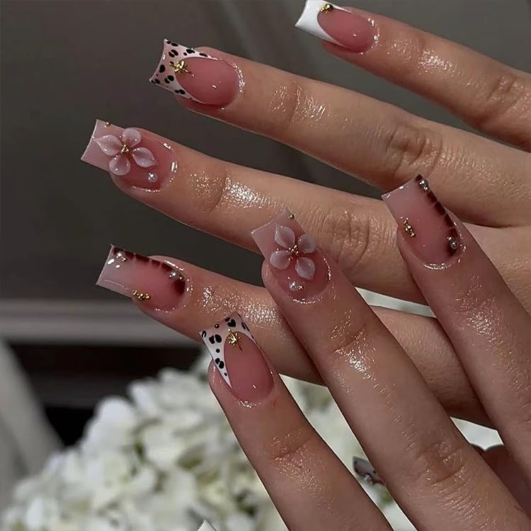 Flower Press on Nails Medium Square Acrylic Nails with Design