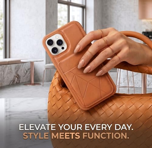 Image of amazon basics Premium Vegan Leather Back Cover with Card Holder and Integrated Mobile Stand for iPhone 15 Pro Max - Slim Shockproof Wallet Case with Geometric Stitching [Tan]