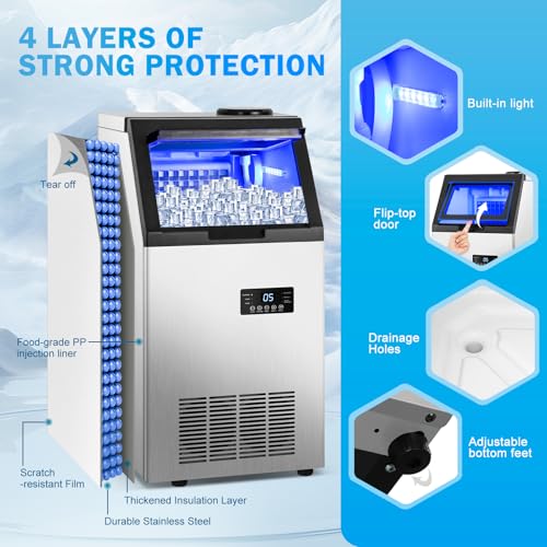 Image of Commercial Ice Maker Machine 155Lbs /24H, 15 inch Wide Under Counter /Freestanding Ice Machine, 45 Ice Cubes in 4-15 Mins, 35Lbs Ice Storage, 2 Water Supply Modes, Built-in Ice Maker for Home, Bar, Outdoor