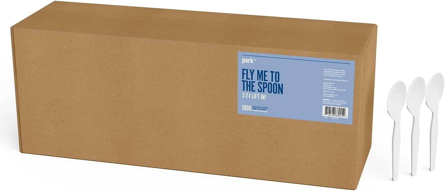 Perk Polystyrene Spoons, White, Mediumweight Disposable Cutlery for Breakroom & Foodservice, 2000/Carton