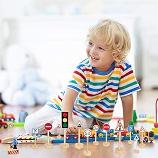 SNAGAROG 16 Pcs Road Signs Toy, Wooden Street Sign Playset Traffic Light Toys Wood Traffic Sign Toys Wooden Road Signs Accessory Set Educational Kids Toy