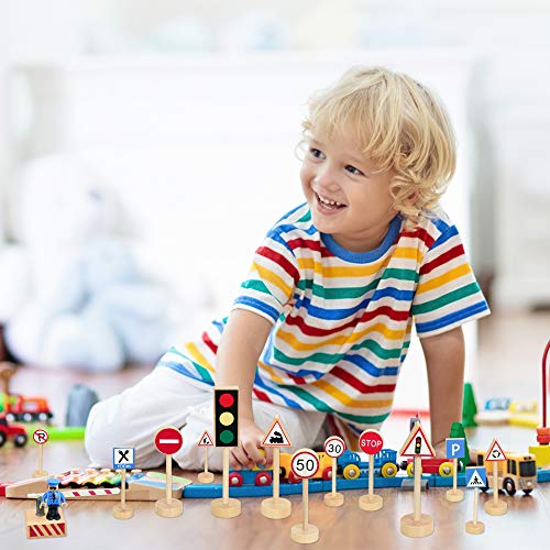 SNAGAROG 15 Pcs Señales de Tráfico de Madera, Juguetes Educativos Resistentes al Agua para Niños y Niñas, Accesorios para Modelo de Vehículos y Trenes, Juguetes para Aprender Las Reglas de Tráfico