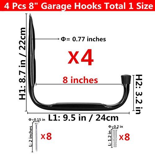 Garage and Garden Storage Utility Hooks Heavy Duty Jumbo Arm Hanger (4 Pcs Black 8