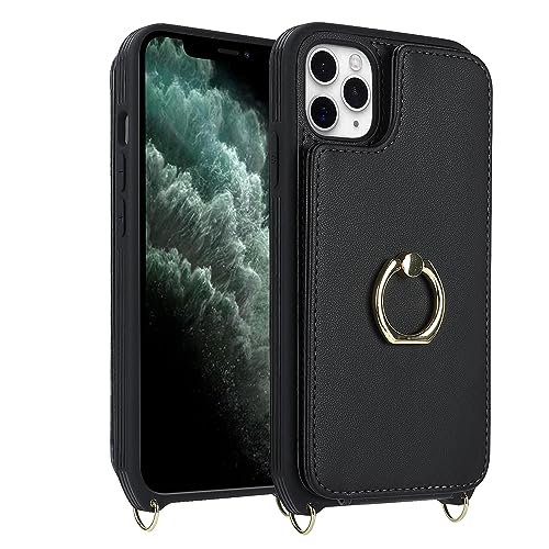Image of for iPhone 11 Pro Phone Case with Card Holder and Strap for Women,Crossbody Lanyard,RFID Blocking,Kickstand Ring Stand,Snap Clasp,Phone Wallet Cases 5.8 inch(Black)