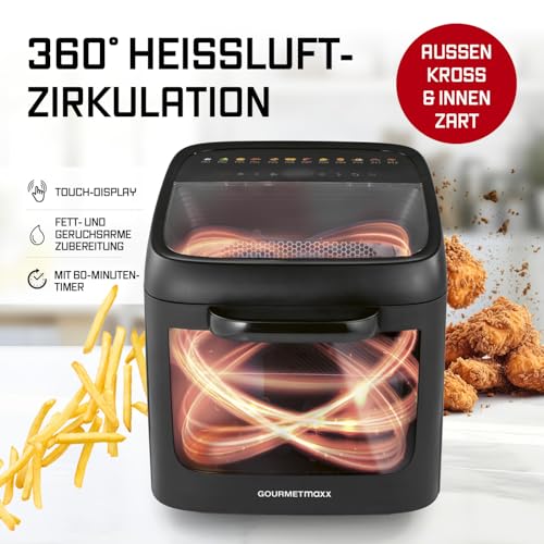 GOURMETmaxx Heißluftofen mit Panoramadach & Frontfenster 12,5 L | Heißluftfritteuse mit 9 Funktionen | Airfryer, Fritteuse & Minibackofen in 1 | für max. 8 Personen | Heißluftfritteuse mit Farb-Icons 6