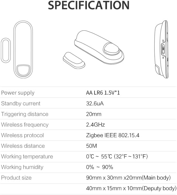 Table of technical specifications for the NEO Zigbee Contact Sensor