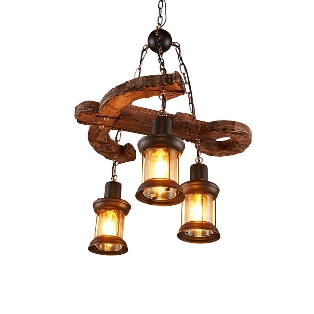 Raelf Industrial Iron Chandeliers E27*3 American retro style chandelier iron lantern kerosene lamp American Multi-Head LED Solid Wood Rudder Black Glass Decorative Chandelier Ceiling Lamps Modern Anti