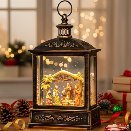 12.5'' Christmas Snow Globe Lighted Manger Nativity Scene, Musical Water Lantern Play Silent Night Music in Swirling Glitter, for Home, Battery Operated or USB Powered