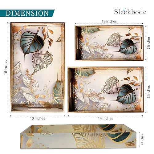 Image of Wooden Serving Tray Set of 3 | Enamel Coated Waterproof Rectangular Trays with Gold Engraving | Tea, Snacks & Dining Table Decor | Home & Kitchen Decorative Center Table Trays