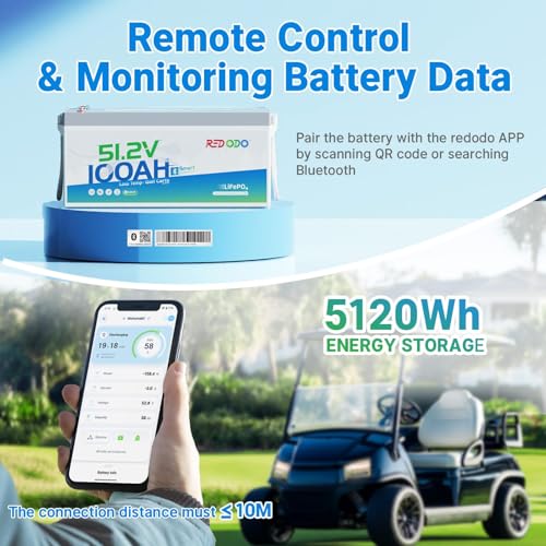 Image of Redodo 48V 100Ah LiFePO4 Golf Cart Battery Kit w /58.4V 18A IP65 Charger & 500A Battery Monitor - 4000+ Cycles, Bluetooth 5.0, Low-Temp Protection, 0V BMS Activation for Golf Carts, RVs, Boats