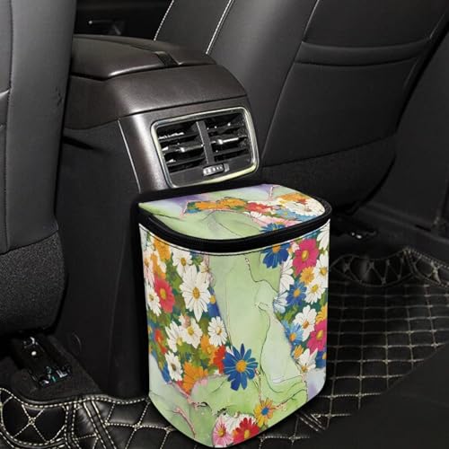 Image of Hippie Flower Green Marble Car Trash Can Bin with Lid,Colorful Groovy Flower Hanging Automotive Garbage Cans Portable Waste Basket Automotive Interior Organizer Accessory