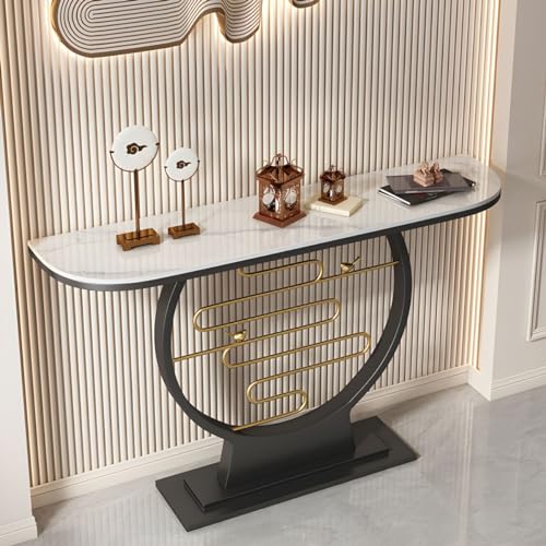 Mesa consola moderna abstracta de metal y piedra blanca de 39 pulgadas de largo