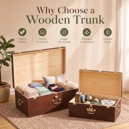 Image of Novabright 2 Pack Wooden Storage Trunks, Lockable Keepsake Chests