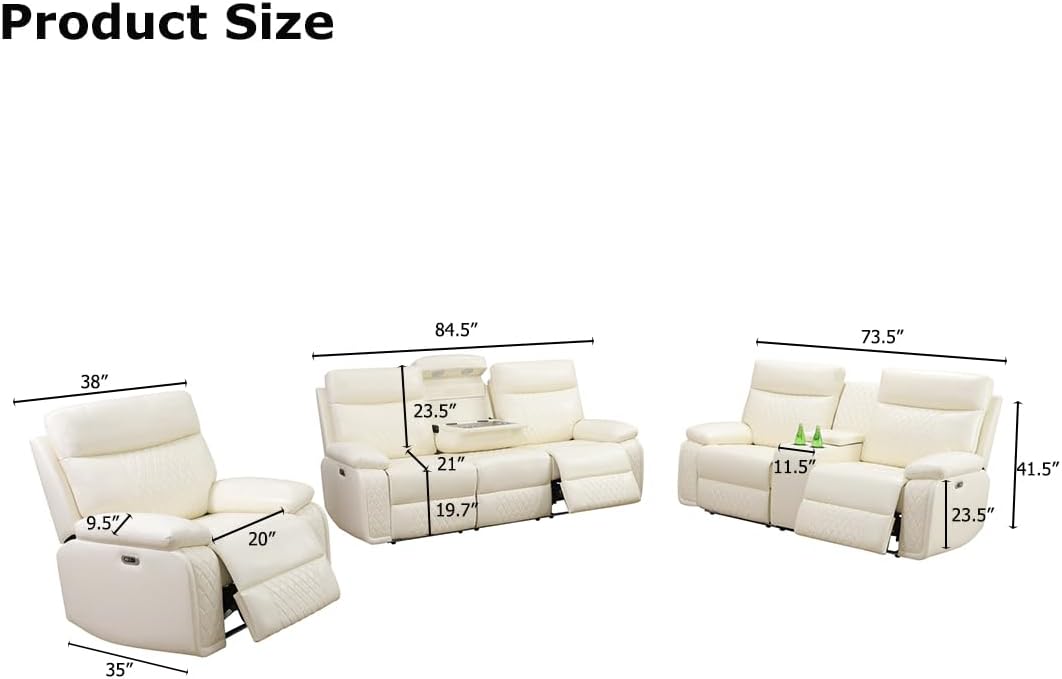 Power Recliner Sofa and Loveseat Set, Leather Sectional Sofa Sets for Living Room, Living Room Furniture, Power Reclining Couch Set with Storage Console/LED Light for House(Creamy White)