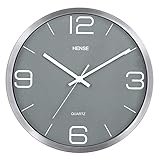 Reloj de pared HENSE, moderno y elegante, mecanismo silencioso, redondo y de metal, funciona con pilas, 30 cm, metal, Silver Frame With Grey Dial, 11.8 *11.8 * 1.8(in)