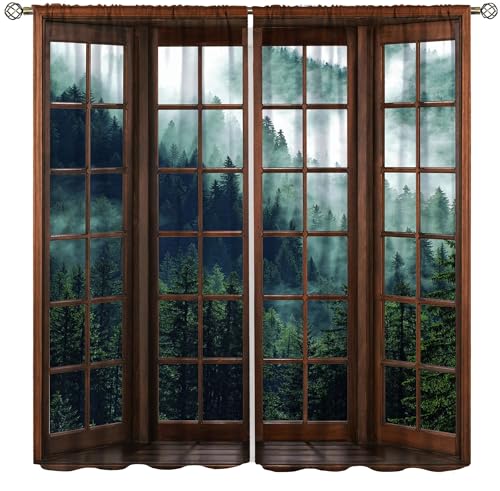 Hazuff Forest Landscape Blackout Curtains,Natural Green Primitive Misty Forest Mountains View Windows Treatments Rod Pocket Drapes for Kids Living Room Bedroom Kitchen 42x54in