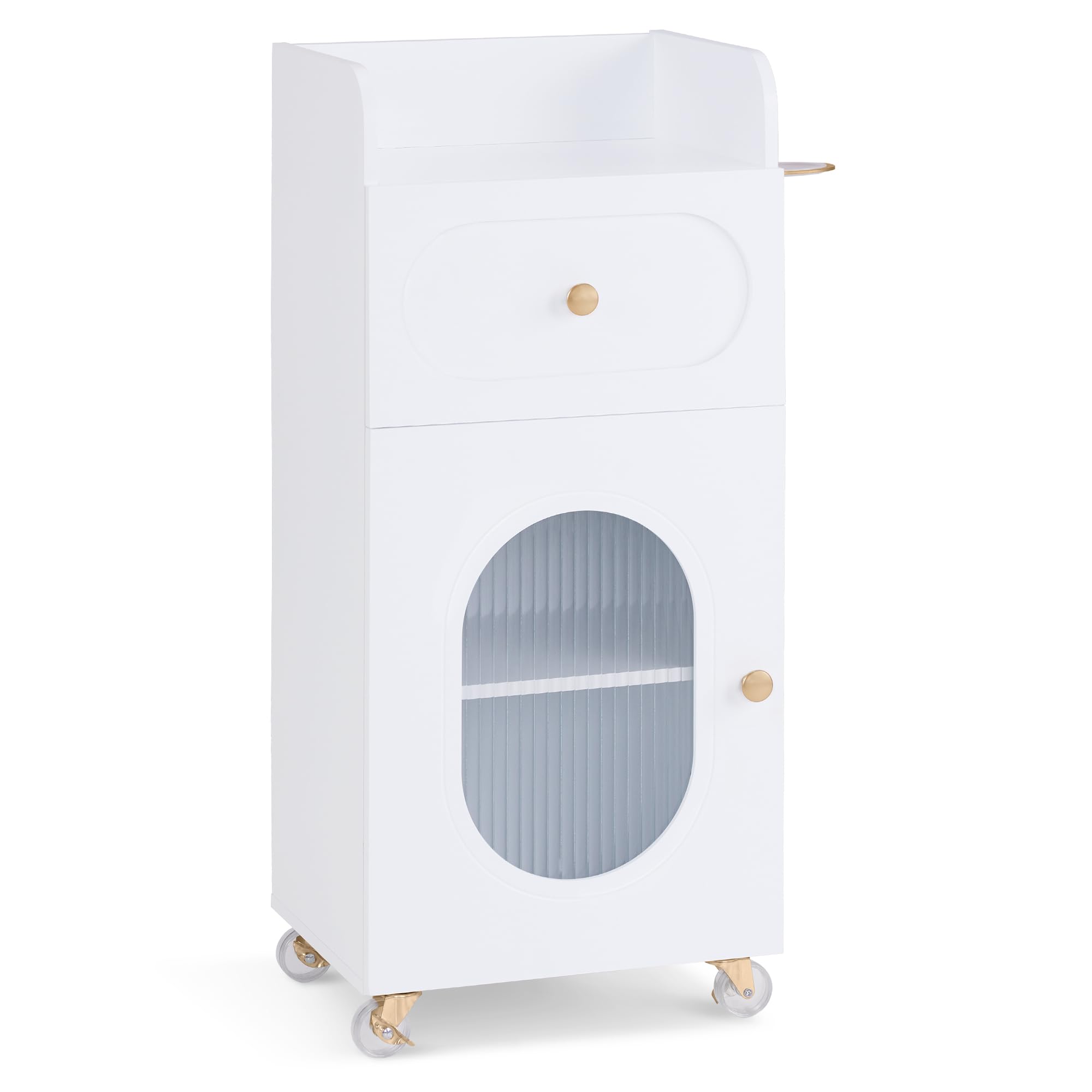 M MCombo Chariot de coiffure avec roulettes et tiroirs, chariot de service blanc, chariot de salon avec 3 étagères et support pour sèche-cheveux, 31,4x37x85,5 cm, 0051