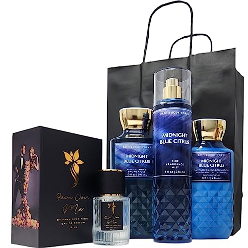Fawn Over Finds Bath and Body Gift Set Includes Body Lotion, Shower Gel, Fine Fragrance Mist, Fawn Over Me Perfume and Gift Bag (Midnight Blue Citrus)
