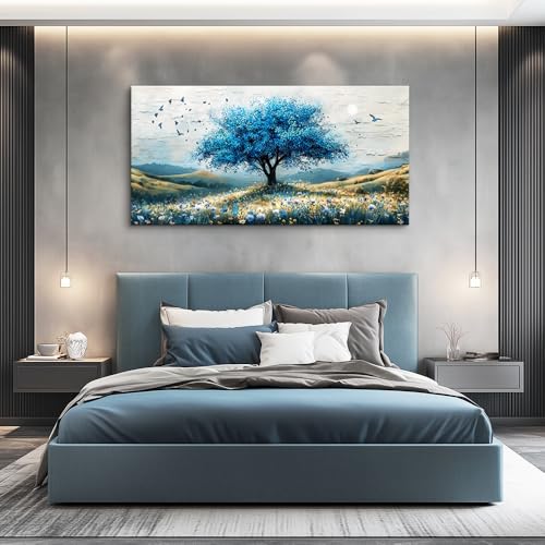 ZUITINGHUA Large Wall Decor For Living Room Canvas Wall Art For Office Modern Wall Decorations For Bedroom The Blue Tree Landscape Painting Farmhouse Pictures Artwork Room Home Decor 24x48 In