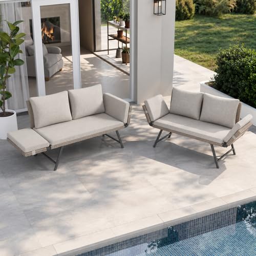 Fiutazge Set de 2 Sofá de Jardín de Rattan,2 Plazas con Reposabrazos Ajustables,Convertible en Cama de Día,Sofa Terraza Exterior con Cojines Gruesos para Balcón,Terraza y Porche,Beige