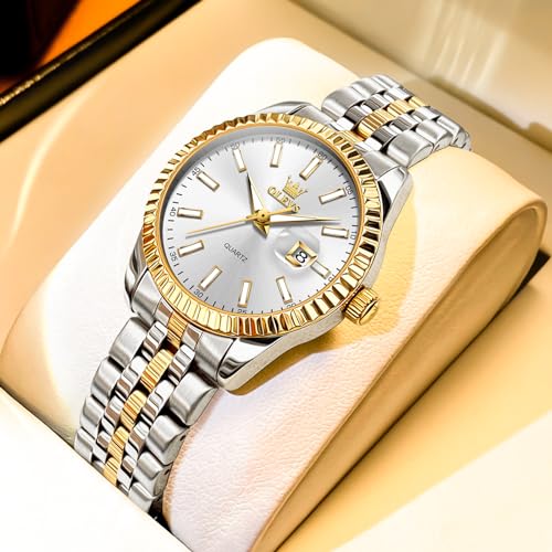 OLEVS Women's Stainless Steel Watch, Luxury Gold Silver Two Tone Easy to Read Analog Quartz Dress Watch for Women, Elegant Waterproof Luminous Calendar Date Ladies Watches for Small Wrists4