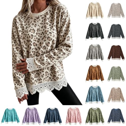 Leopard Sweatshirt for Women, Crewneck Long Sleeve Pullover with Lace Trim - image 1