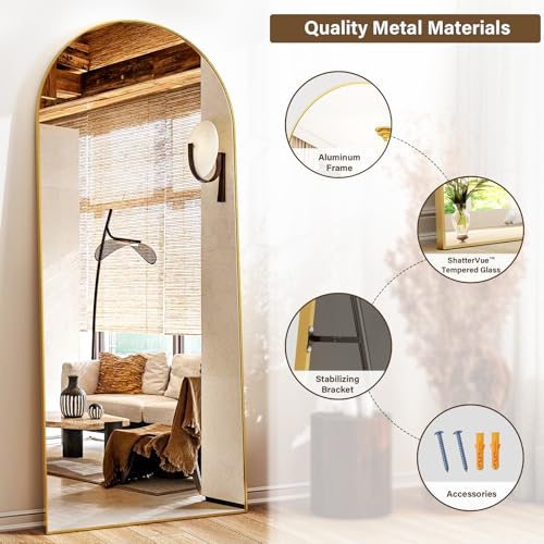 24x68 Arched Full Length Mirror Floor Mirrors with Aluminum Alloy Frame Free-Standing Wall Mounted Floor Mirrors or Large Dressing Mirror, Gold Mirror Full Length