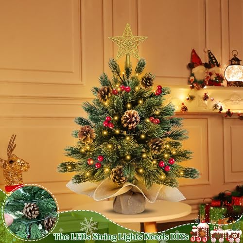 Turnmeon 18 Inch 30 Led Realistic-Feel Pe Thick Tabletop Christmas Tree Warm Lights With Timer Battery Operated 18 Red Berries 6 Pine Cone Star Artificial Xmas Spruce Tree Christmas Decor Indoor Home Party thumb #4