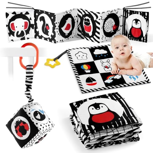 Image of SAMMAS 3 Pcs Black and White High Contrast Baby Toys 0-6 Months for Newborn, Babies Sensory Soft Book for Early Education, Infant Tummy Time Cloth Book Toys, Montessori Toys for Babies