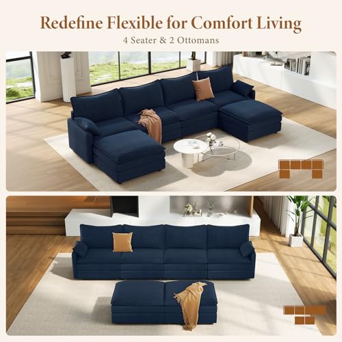 Image of Vesgantti 142 inch Large Cloud Sectional Couch, U-Shaped Deep Seat Sofa, Blue | Modern Chenille, Height Adjustable, Cloud-Like Comfy Modular Sofa, Living Room Couch Set for Apartment, Movable Ottoman