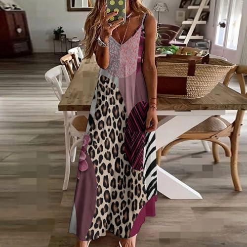 Robe longue léopard patchwork violet avec col V et imprimé géométrique unique - 3