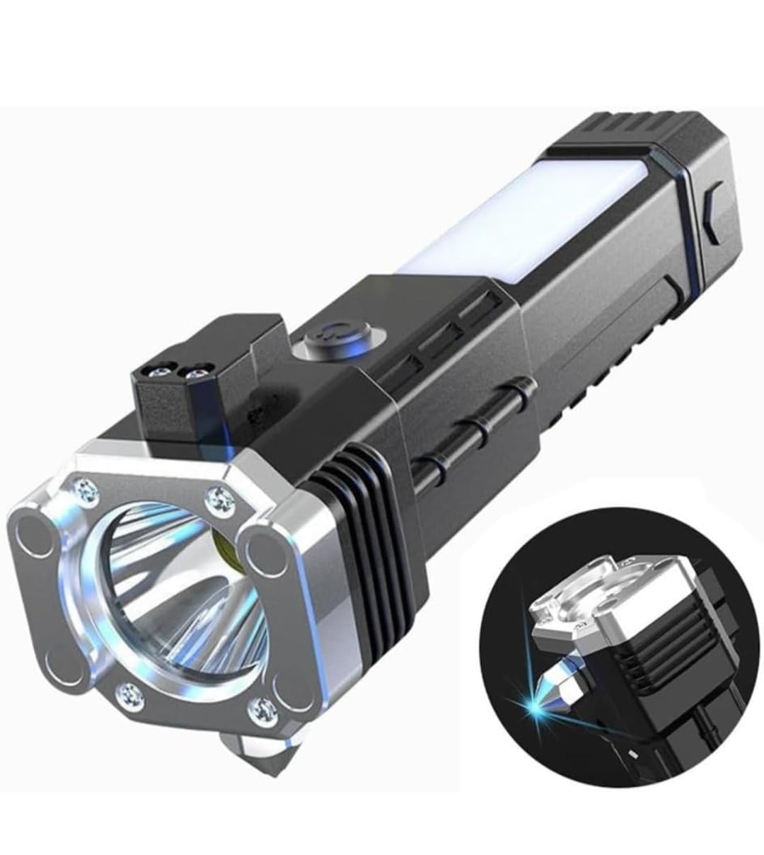 KCM House LED 3W Torch Light Rechargeable Torch Flashlight,Long Distance Beam Range Car Rescue Torch with Hammer Window Glass and Seat Belt Cutter Built in Mobile USB Fast Charger Power Bank