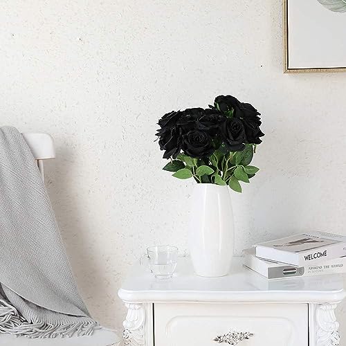 Image of Dekorly Artificial Fake Roses Flowers - 10 Pcs Fake Artificial Roses Silk Flowers with Stems for Home Room Tabletop Wedding Hotel Office Centerpiece Decor | Height 18 Inch (Black)