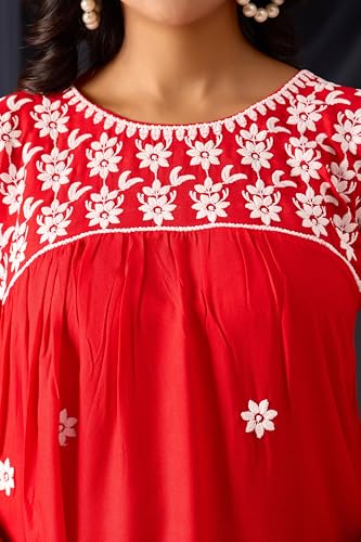 Image of Sidhidata Rayon Floral Embroidered Short Kurti | Short Anarkali Kurti for Girls | Women's Casual Sleeveless Printed Top | Tops for Women (Kurti Myra)