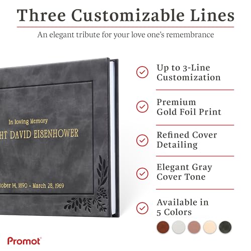 Image of Promot Funeral Guest Book for Memorial Service- Guest Book for Funeral Celebration of Life Decorations, in Loving Memory Guestbook Set with Wide-Ruled Pages, Custom Gold Foil Embossed Text (Gray)