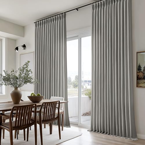 Image of Grey Linen Semi Sheer Pinch Pleated 40x108 Inch Curtains for Living Room | Gray, Floor To Ceiling 108 inch Extra Long, Light Filtering Privacy, Bedroom, Burlap Textured, Hook Rings Memory Shape Drapes