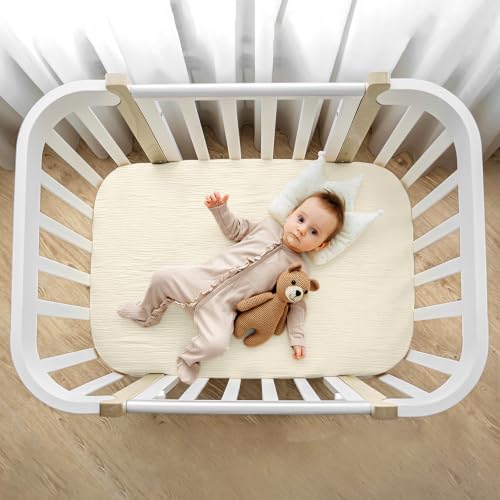 Image of lulumoon Muslin Bassinet Sheets 3Pack: Fitted Most Bedside Sleeper Mattress | Soft Cotton Bassinet Mattress Sheets for Baby - 33x21 inch Flexible Fit for Baby Delight Dream on Me and Other Rectangle pads