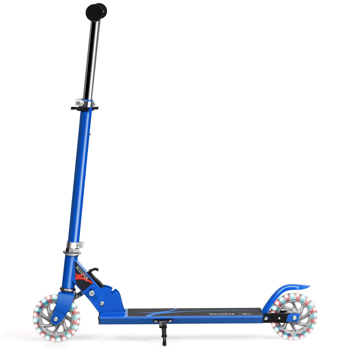 COSTWAY Monopattino Bambini, Monopattini con 2 Ruote Luci, Manubrio Regolabile in 3 Altezze, Freno Posteriore, Cavalletto e Pedana Larga, Portata 70 kg, Adatto ai Bambini 5-13 Anni