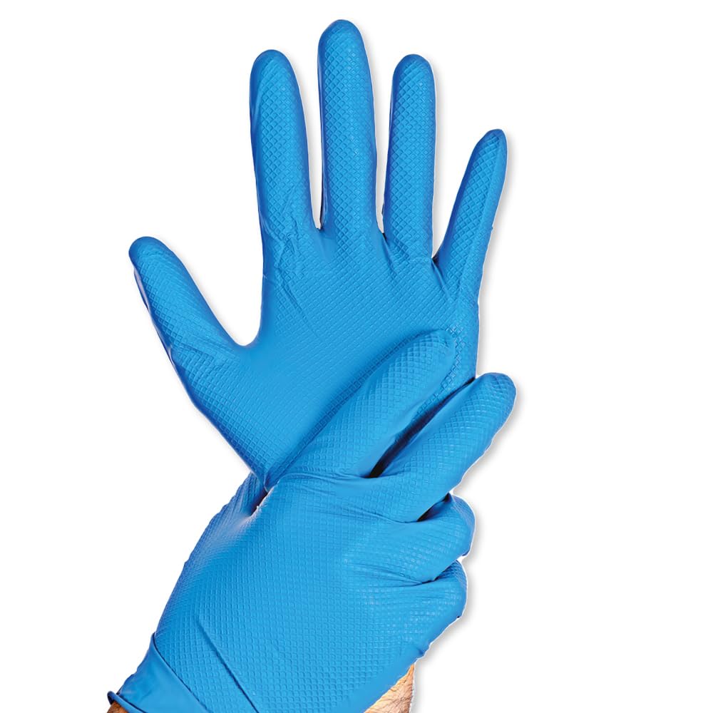 FRANZ MENSCH 100 Stück Nitrilhandschuhe Power Grip Light | puderfrei, Packung, blau, 10/XL, L: 24cm, Schutzhandschuhe, Gastronomiehandschuhe, Industriehandschuhe, Montagehandschuhe