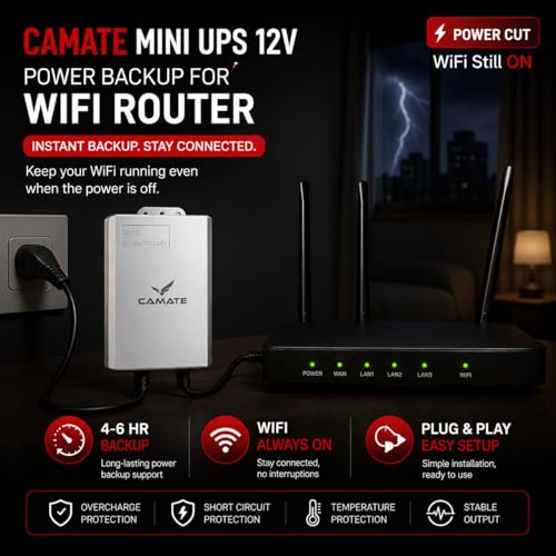 Image of Camate Mini UPS 12V Power Backup for WiFi Router & CCTV Camera | 3600mAh Battery, 4-6 Hr Backup | Weatherproof Outdoor Use | 12V 2A Output | Plug & Play | Safety Protection