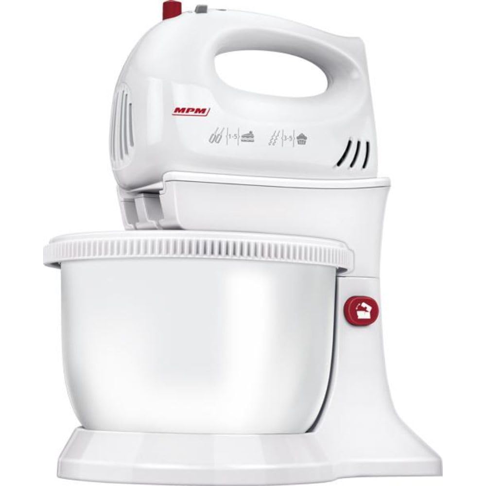 MPM MMR-16Z Mélangeur à Pâtisserie avec Bol Rotative 3,4 L, sans BPA, Robot Pâtissier Boulangerie Cuisine, 5 Vitesses + Turbo, Tiges et Crochet Pétrisseur en Acier Inoxydable, Blanc, 750W