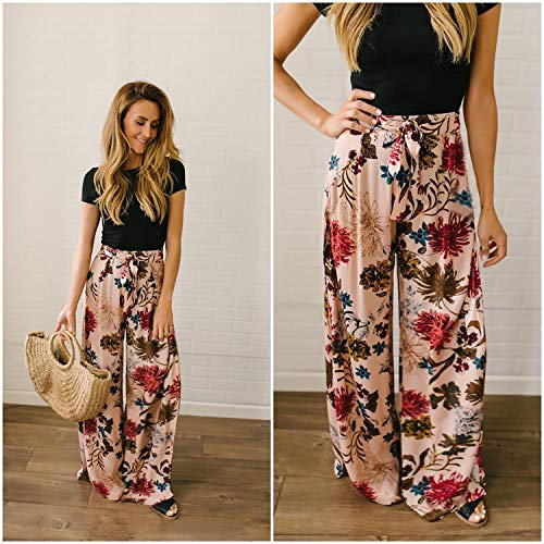 ECOWISH Wide Leg Pants for Women Summer 2025 Palazzo Tropical Floral Casual High Waist Flared Trousers with Pockets4