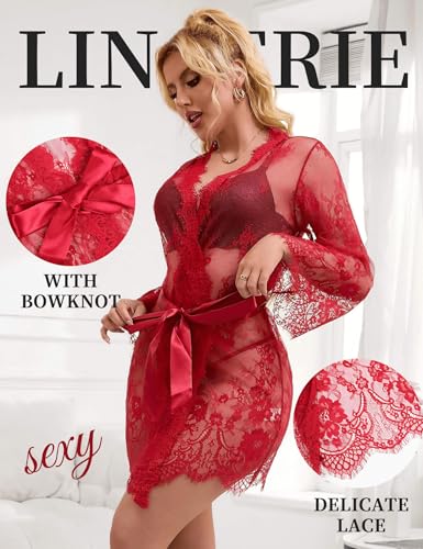 ohyeahlady Damen Kimono Spitzen Robe Volant Langarm Transparent Weiter Ärmel Morgenmantel Reizwäsche Nachtwäsche Bademantel Dessous Set mit G-String Gürtel Große Größen(Rot,M-L)