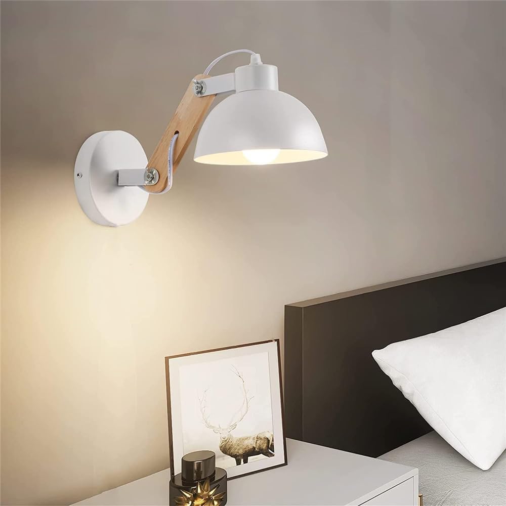 Nordic Modern Minimalist LED Wall Lamp Creative Wall Light Corridor Study Bedroom Bedside Iron Wooden Retractable Lamp (White)