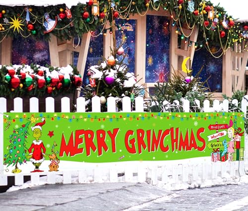 Sunwer Merry Christmas Fence Banner Whoville Green Elf Winter Holiday Party Decor Yard Porch Sign Decoration Photo Booth Backdrop (Green-B)