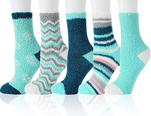 Fluffy Socks for Women and Girls - 5 Pairs Soft Warm Fuzzy Cozy Home Bed Blue Socks for Winter